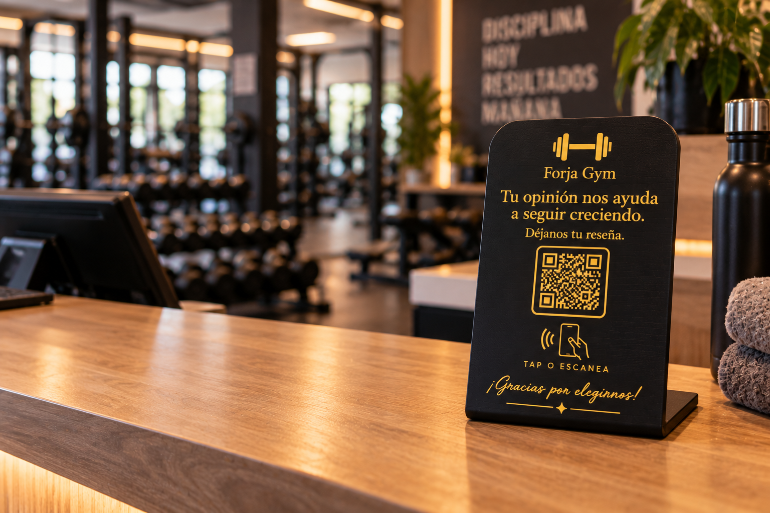 Placa NFC de reseñas negra y amarilla en la recepción de un gimnasio