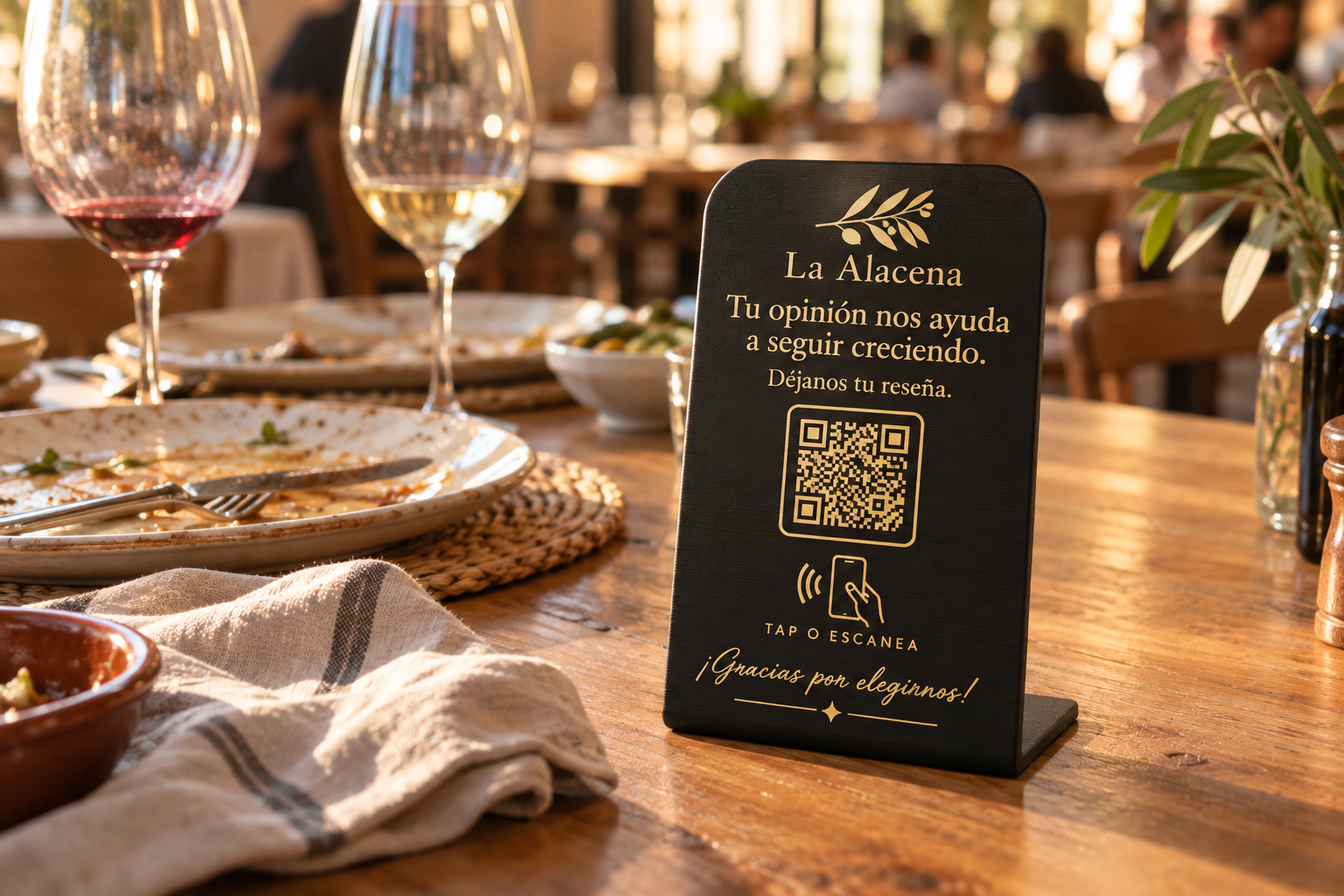Placa NFC de reseñas negra con letras doradas sobre la mesa de un restaurante al terminar la comida