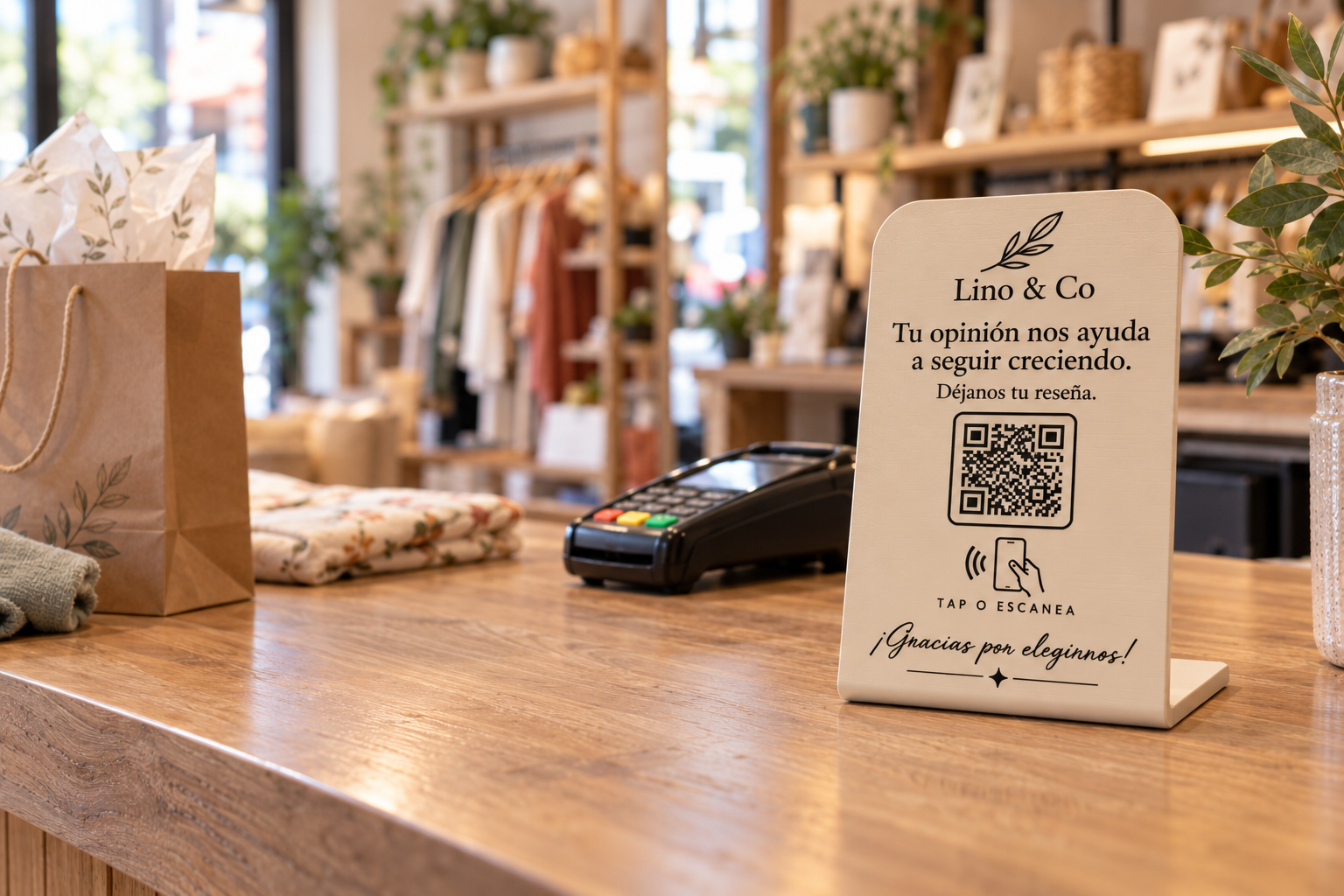 Placa NFC de reseñas beige junto a la caja de una tienda de decoración