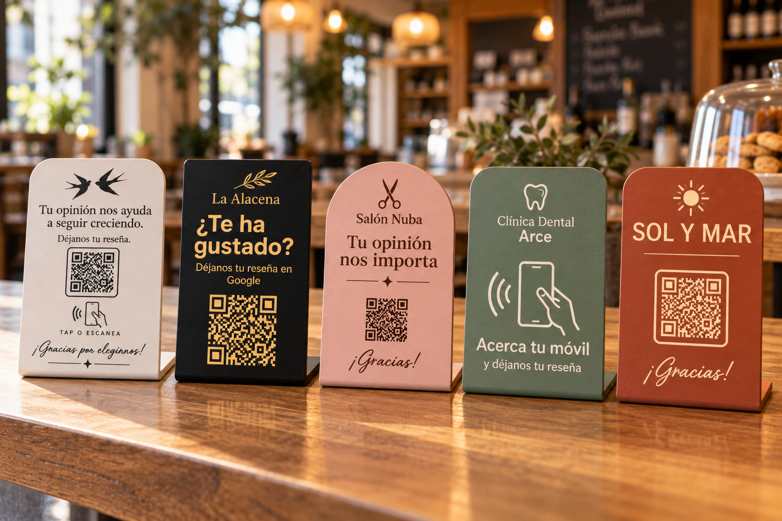 Cinco placas NFC de reseñas impresas en 3D con diseños distintos: clásica, minimalista, en arco, solo NFC y con el nombre del negocio